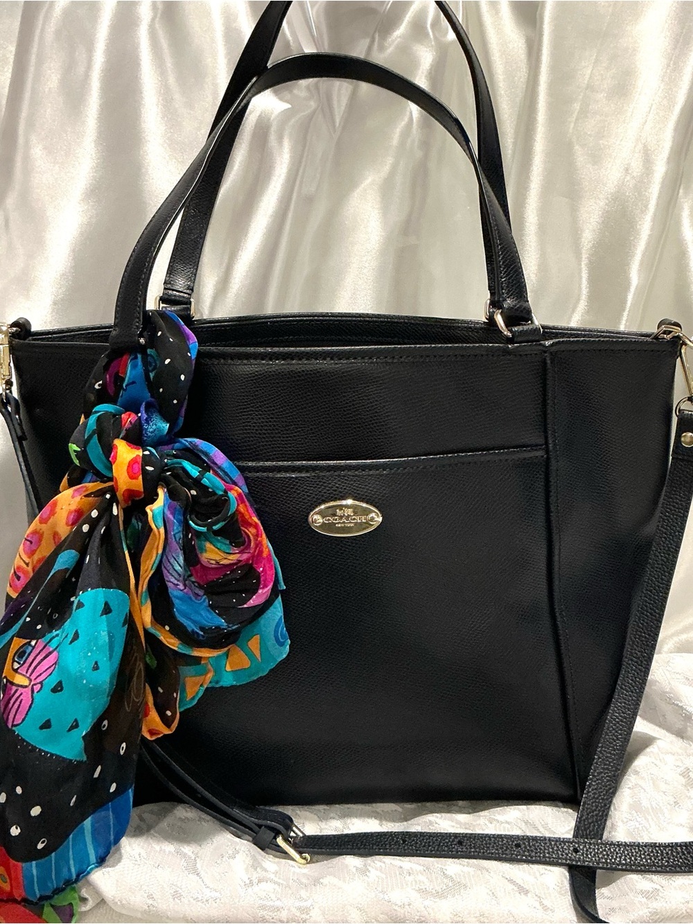 Coach Dark Navy Blue Leather Tote with Multicolor Scarf Accent